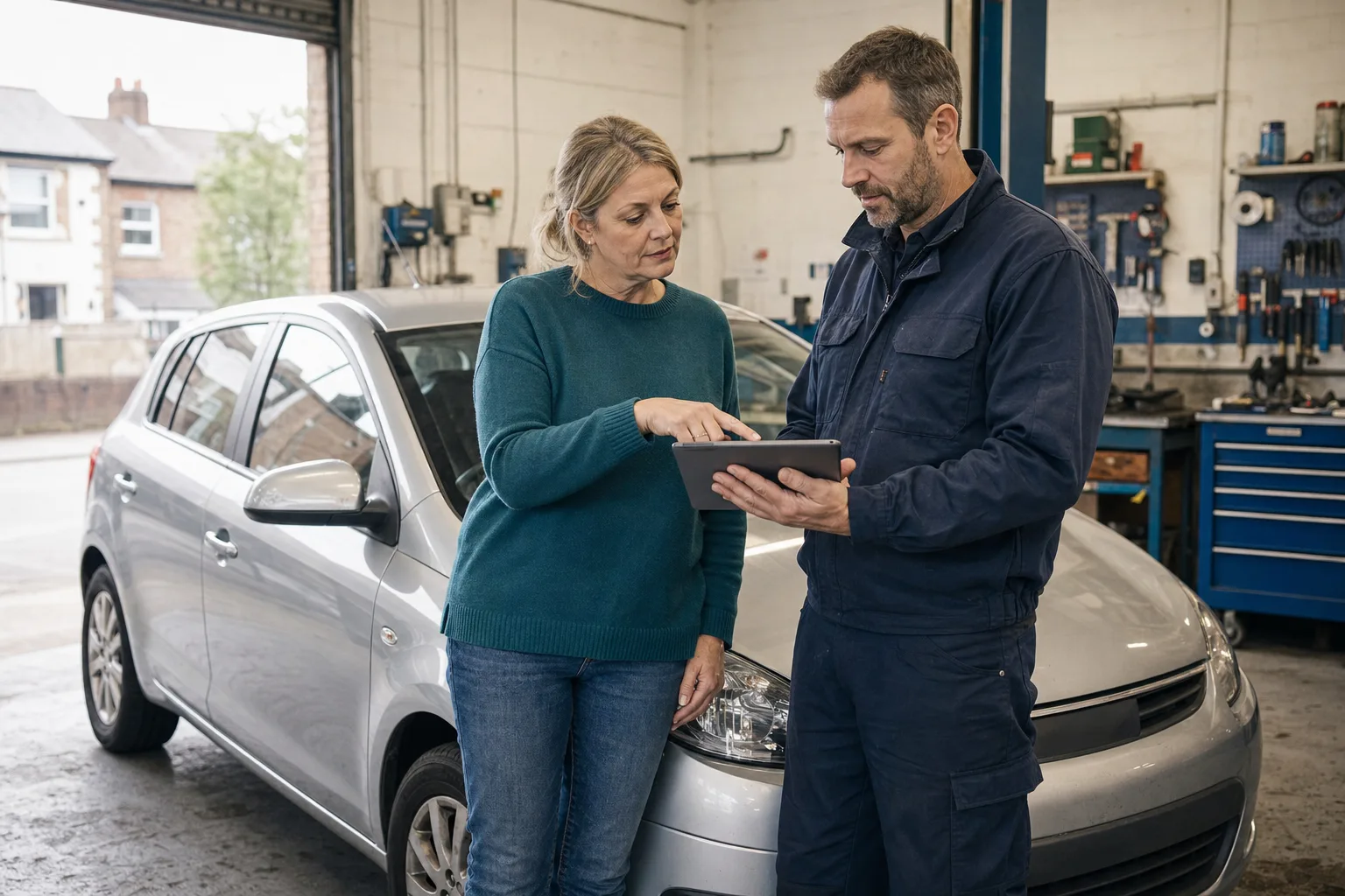 A driver and mechanic looking over a car together in a working garage