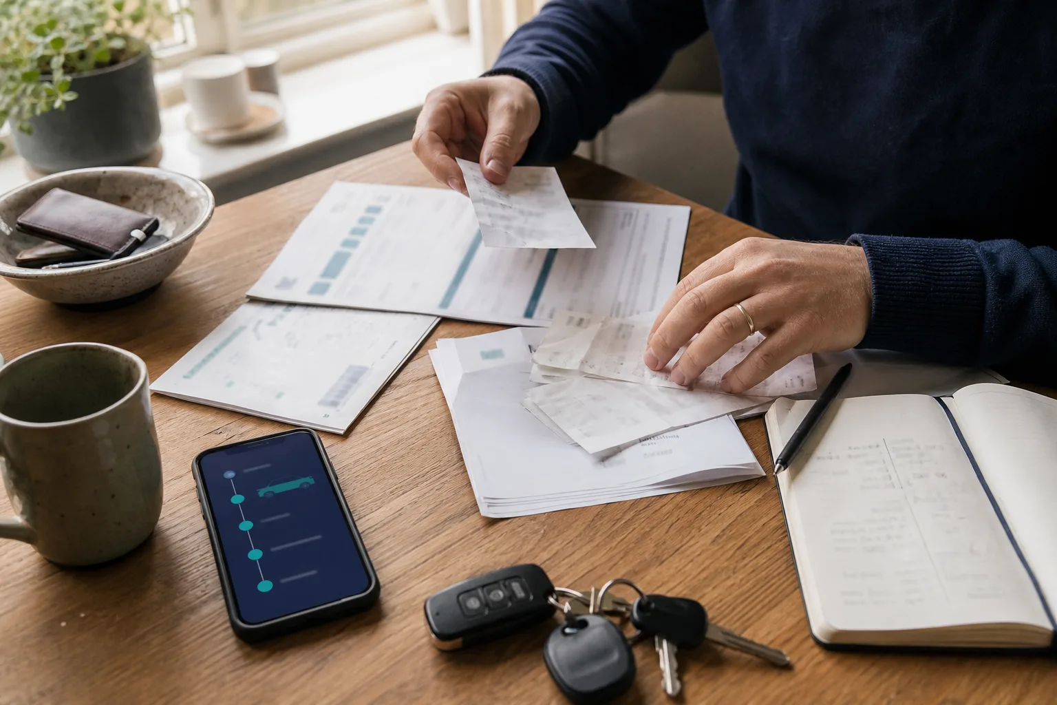 Car keys, receipts and a vehicle timeline being organised on a lived-in kitchen table