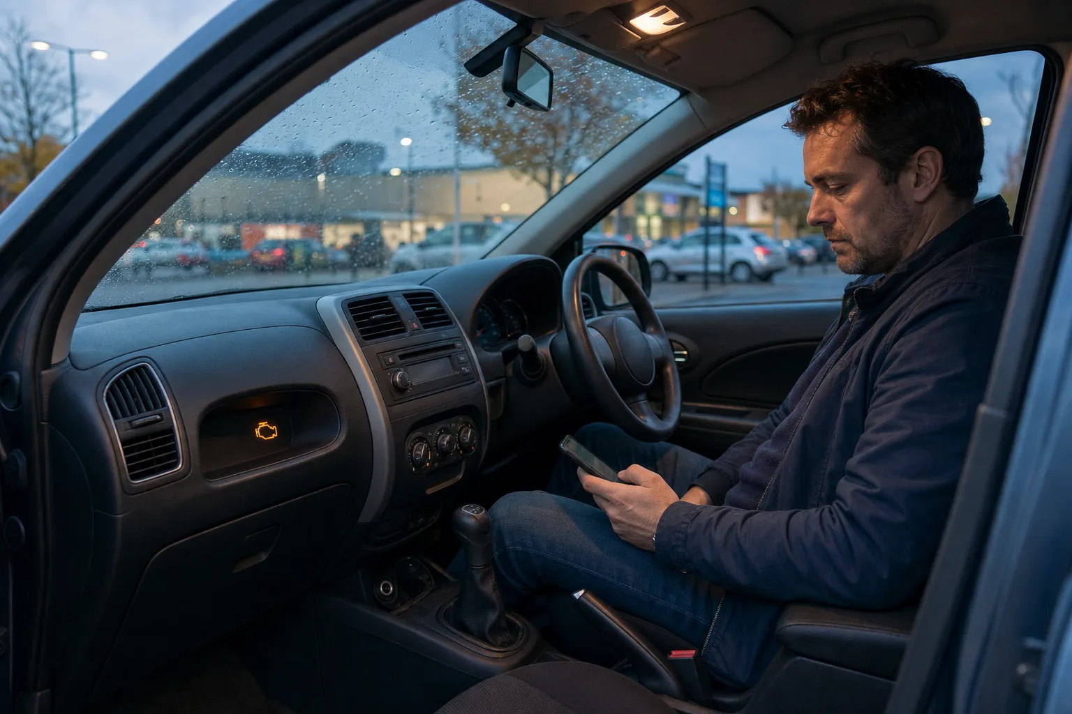 A driver safely parked in a right-hand-drive car after an amber warning light appeared