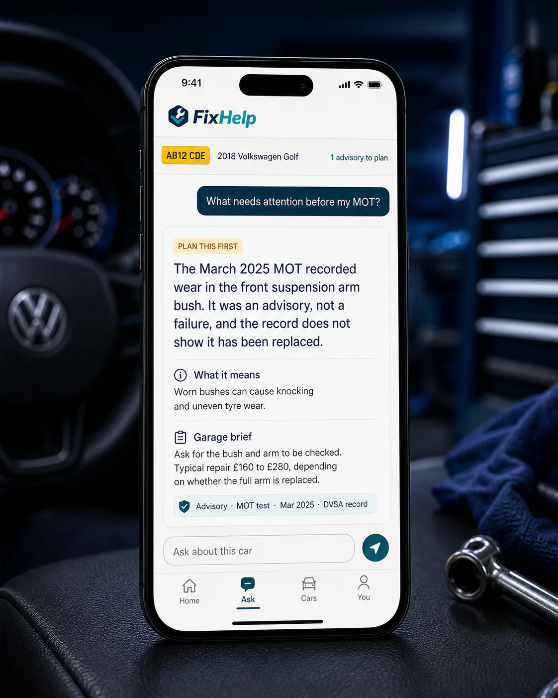 FixHelp Ask screen explaining a suspension bush advisory for a Volkswagen Golf with the timing, meaning and garage brief