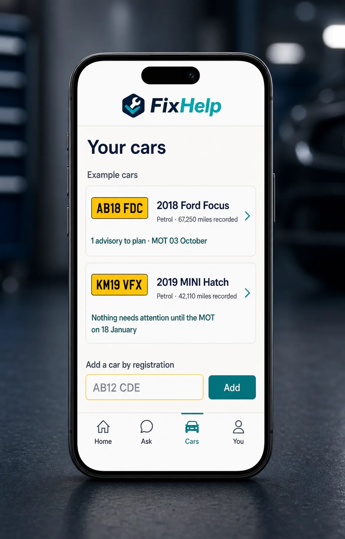 FixHelp Cars screen showing two saved UK cars, each with one prioritised MOT status