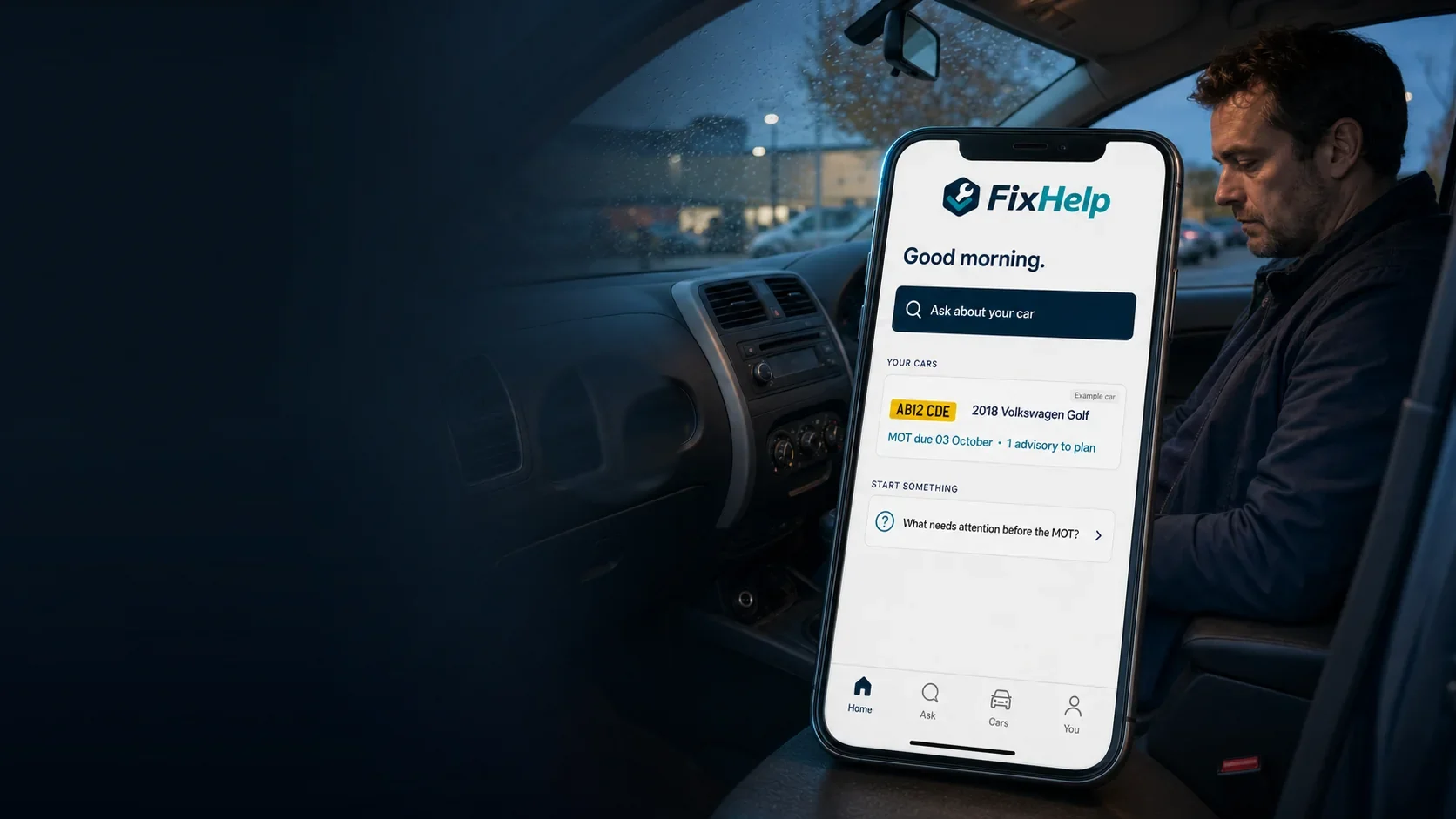 FixHelp Home screen showing a Volkswagen Golf and its next MOT priority inside a UK car at dusk
